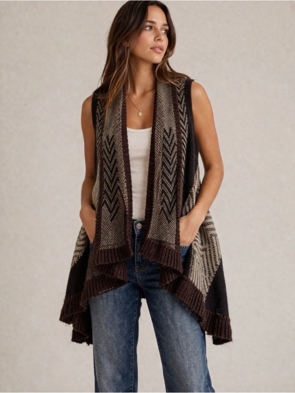 Anthropologie Sleeping on Snow Knit Vest Waterfall Cardigan Boho Open Front